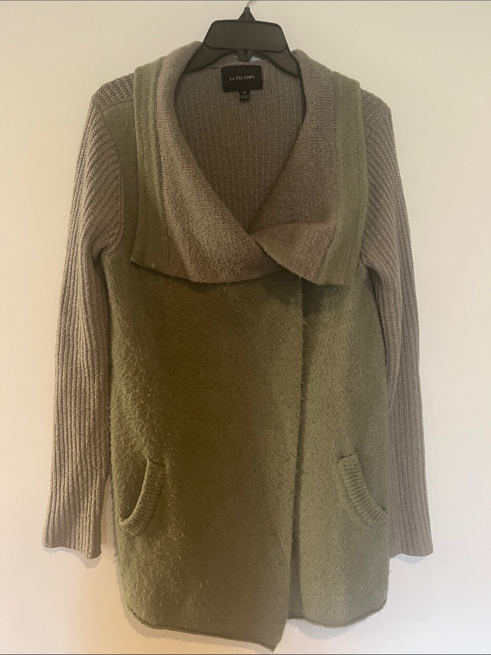 La Fee Verte Olive Shawl-Collar Open Front Cardigan